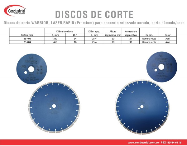 DISCO LASER DE CORTE PARA CONCRETO CURADO/REFORZADO WARRIOR 26-402