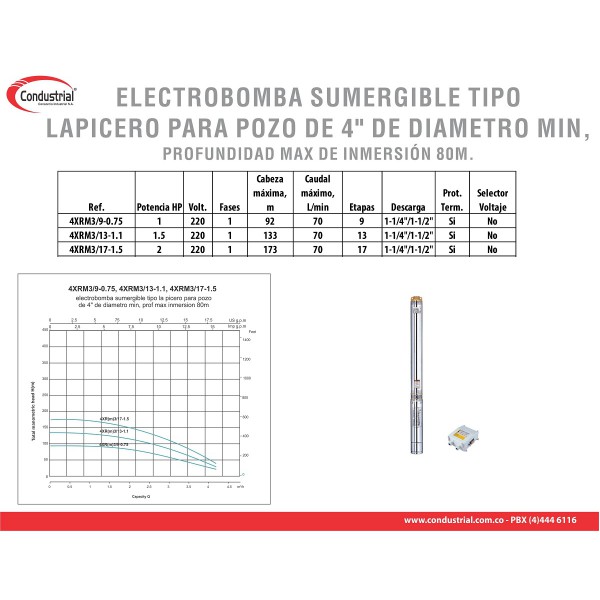 ELECTROBOMBA SUMERGIBLE TIPO LAPICERO 4XRM3/13-1.1