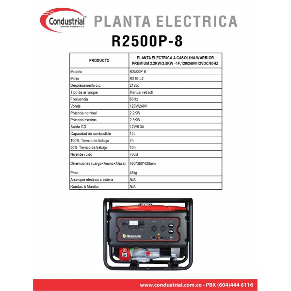 PLANTA ELECTRICA A GASOLINA WARRIOR PREMIUM R2500P-8