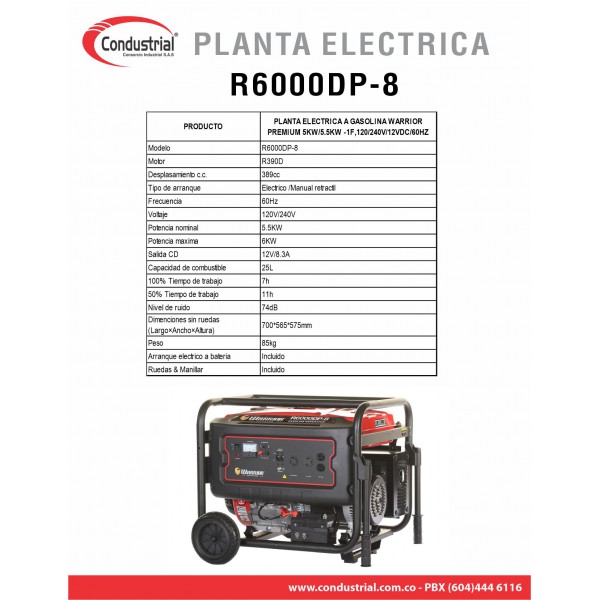 PLANTA ELECTRICA A GASOLINA WARRIOR PREMIUM R6000DP-8