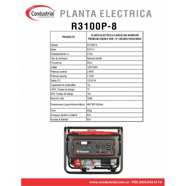 PLANTA ELECTRICA A GASOLINA WARRIOR PREMIUM R3100P-8
