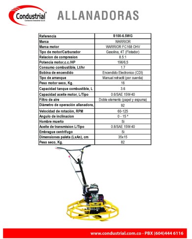 ALLANADORA A GASOLINA 4T - WARRIOR PREMIUM - S100-6.5WG